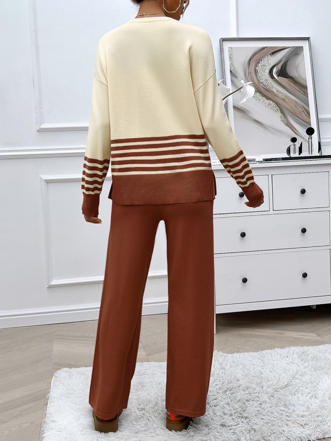 Women Dress Slit Striped Round Neck Top and Pants Sweater Set