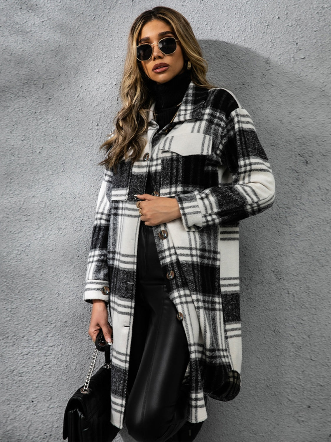 Women Classic Plaid Collared Neck Long Sleeve Stylish Coat Dress