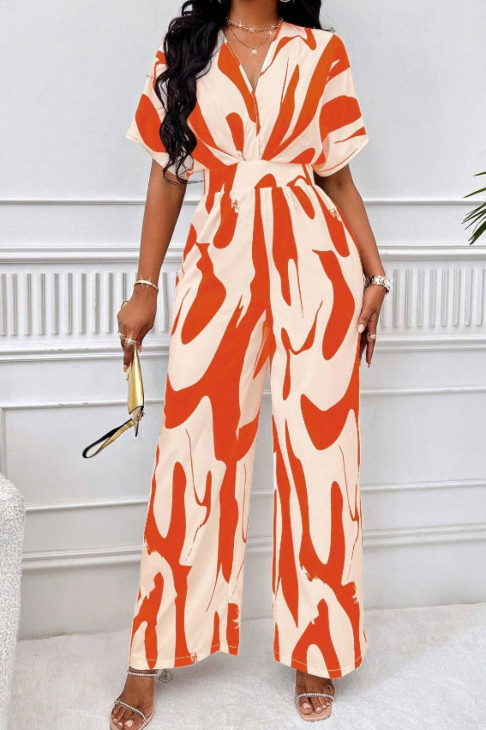 Women Printed V Neck Long Lantern Sleeves Lace Up Wide Leg Jumpsuit