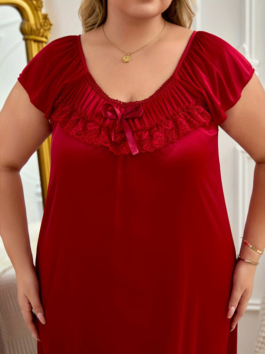 Chic Women's Sleep Dress with Bow Detail - V-Neck, Long Nightgown