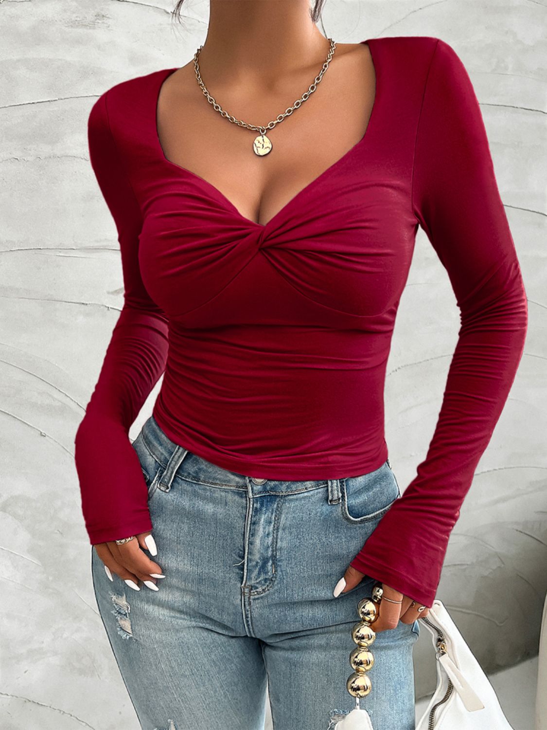 Chic Twist Plunge Long Sleeve T-Shirt Women's Slim-Fit Casual Wear