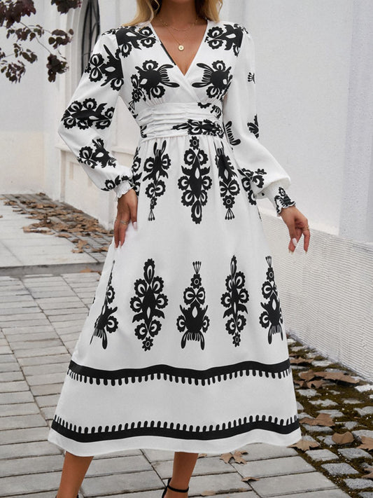 Printed Surplice Lantern Sleeve Midi Dress For Women