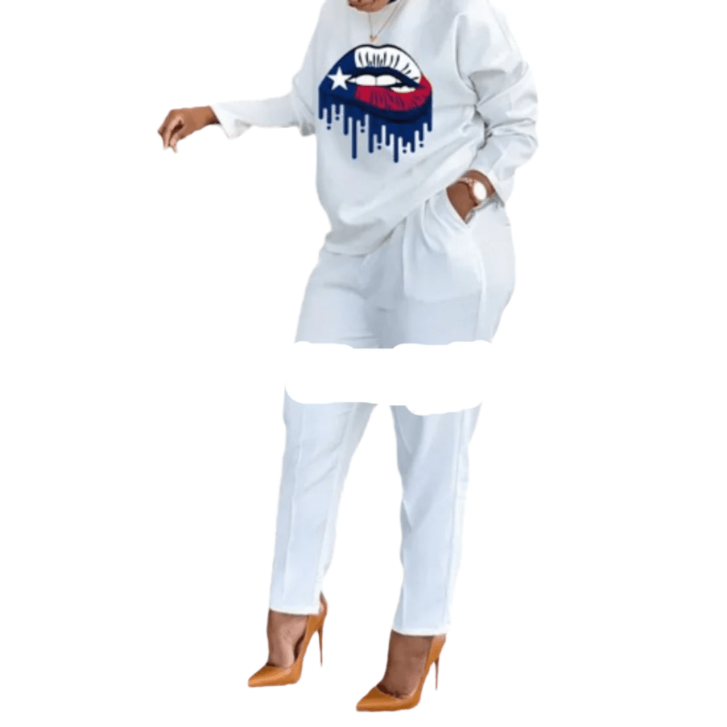 Women's Vintage Print Two-Piece Set with O-Neck Top and Shorts or Pants