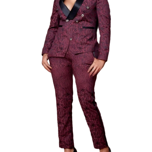 Maroon patterned suit on a brown background