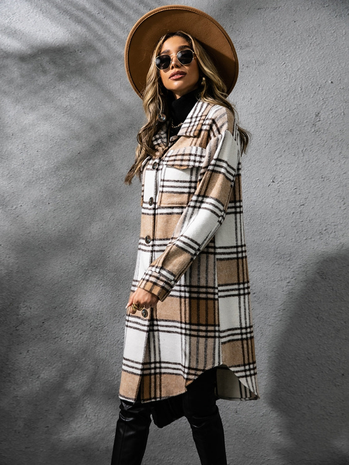 Women Classic Plaid Collared Neck Long Sleeve Stylish Coat Dress