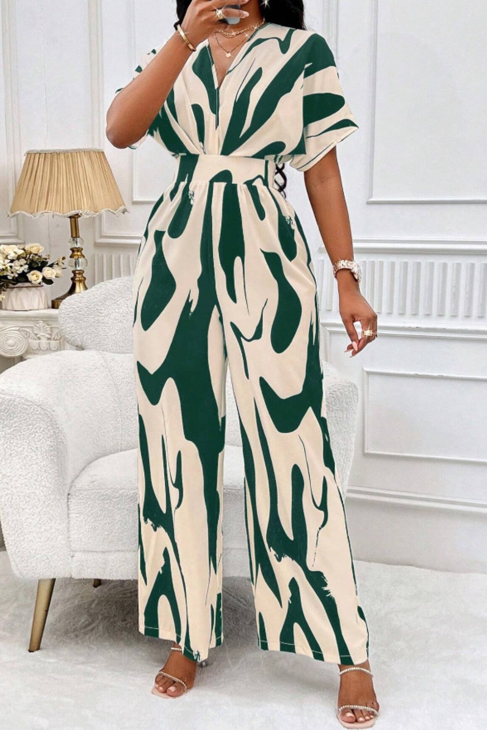 Women Printed V Neck Long Lantern Sleeves Lace Up Wide Leg Jumpsuit