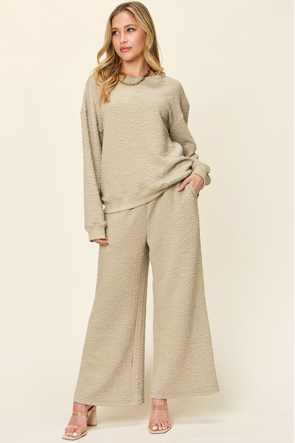 Two-piece Texture Long Sleeve Top and Pants Set dress for woman