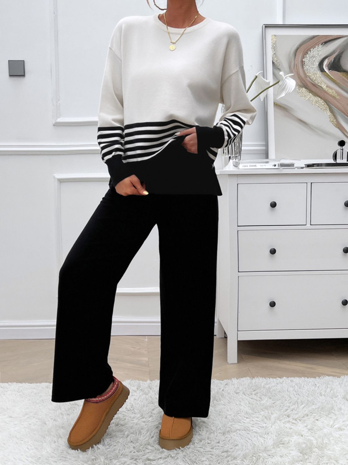 Women Dress Slit Striped Round Neck Top and Pants Sweater Set