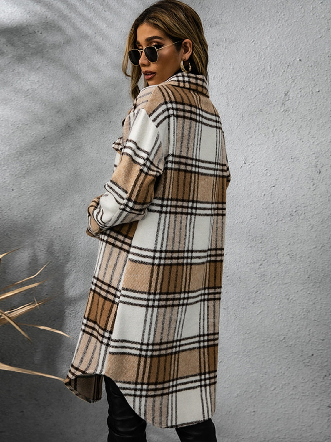 Women Classic Plaid Collared Neck Long Sleeve Stylish Coat Dress