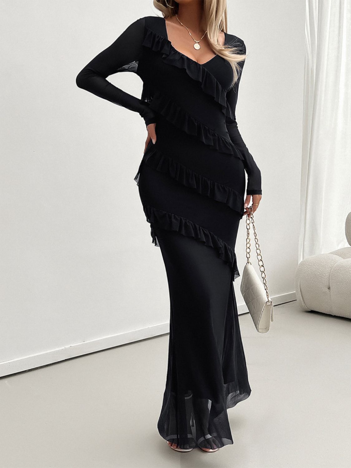 Ruffled Surplice Long Sleeve Maxi Dress for Women