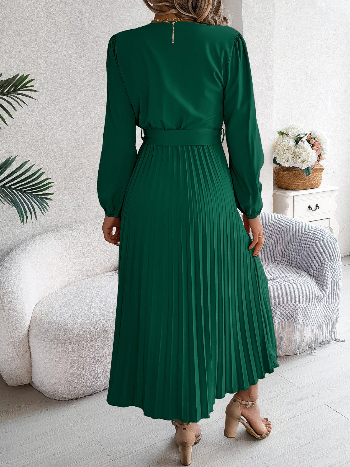 Women Pleated Tied V-Neck Long Sleeve Dress