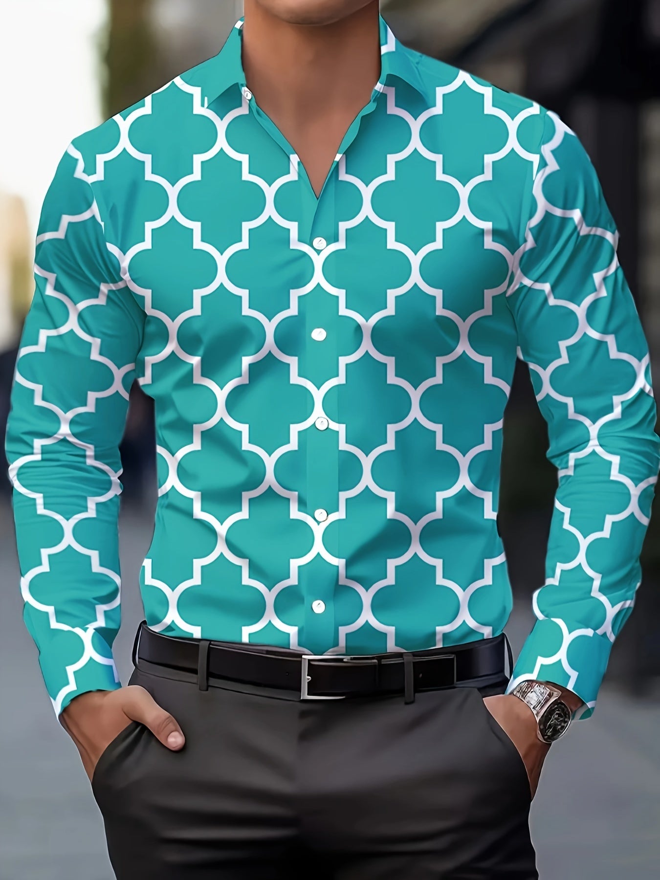 Stylish Geometric Pattern Casual Button-Up Design Dress Shirts