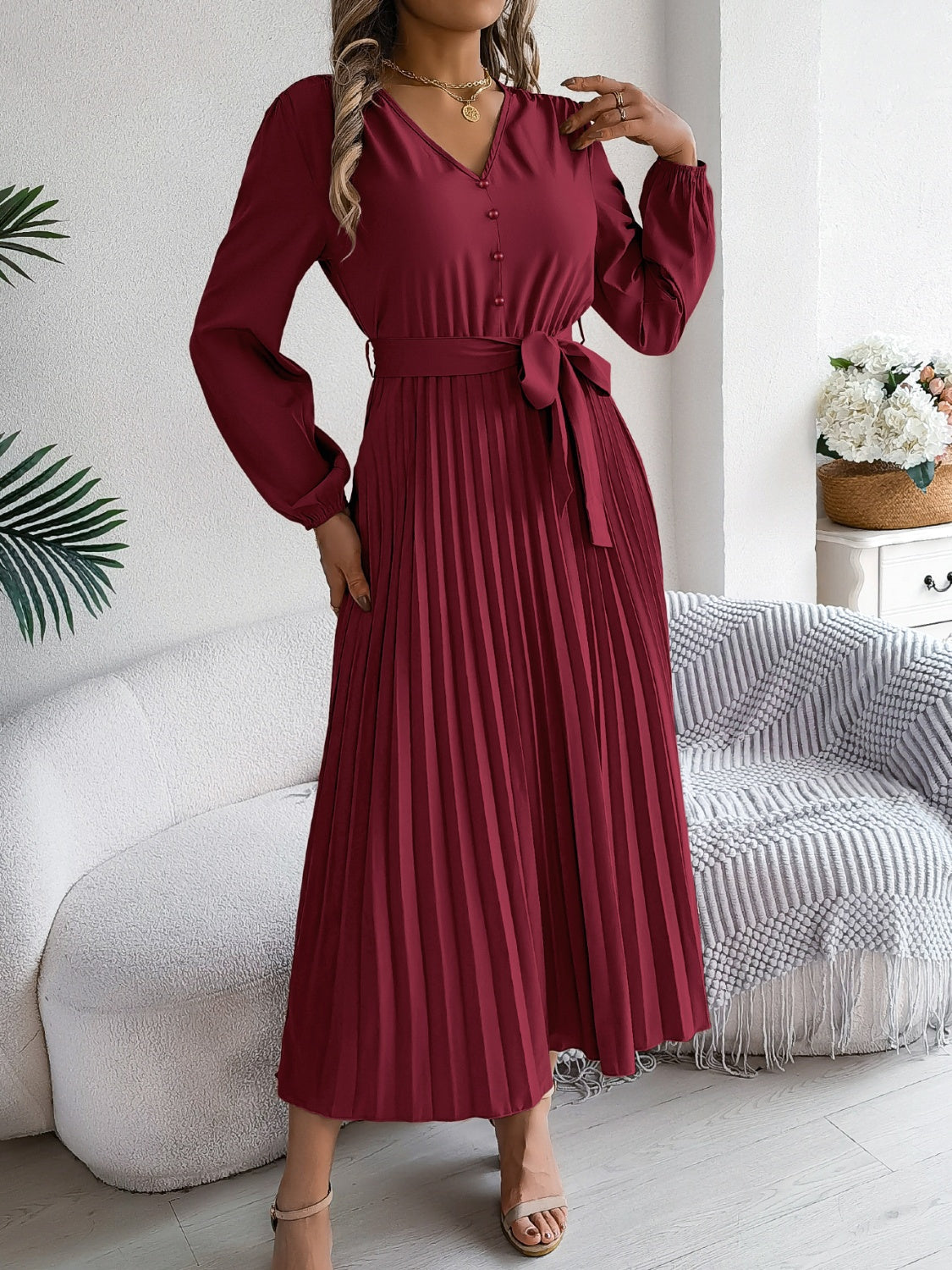 Women Pleated Tied V-Neck Long Sleeve Dress