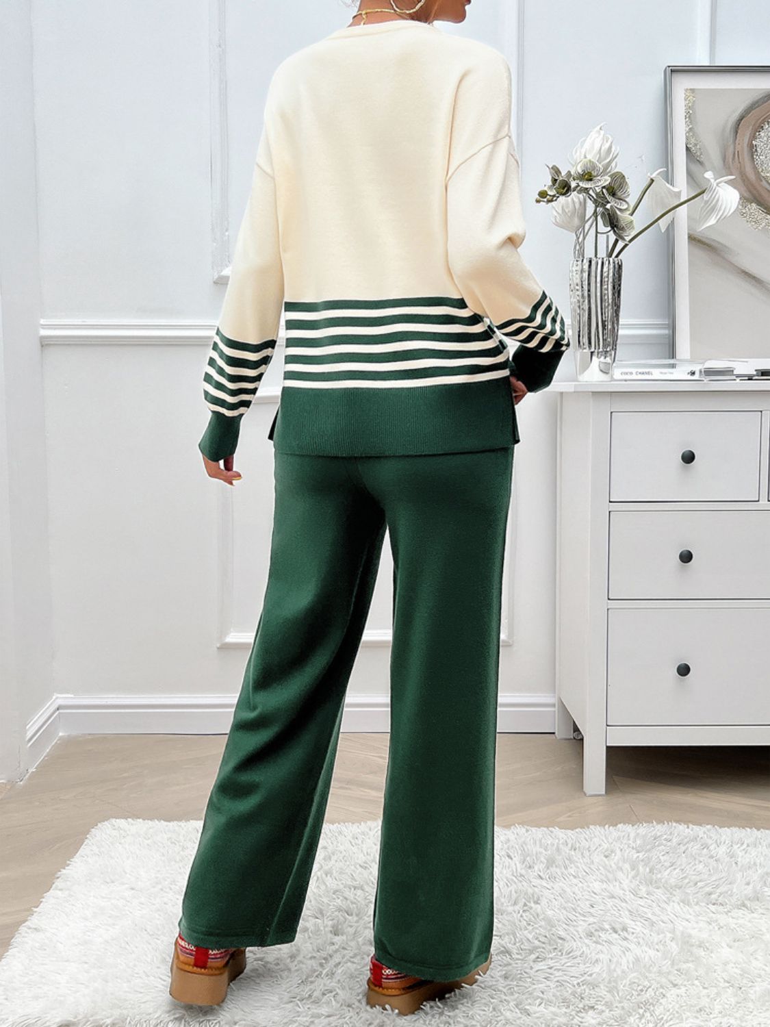 Women Dress Slit Striped Round Neck Top and Pants Sweater Set