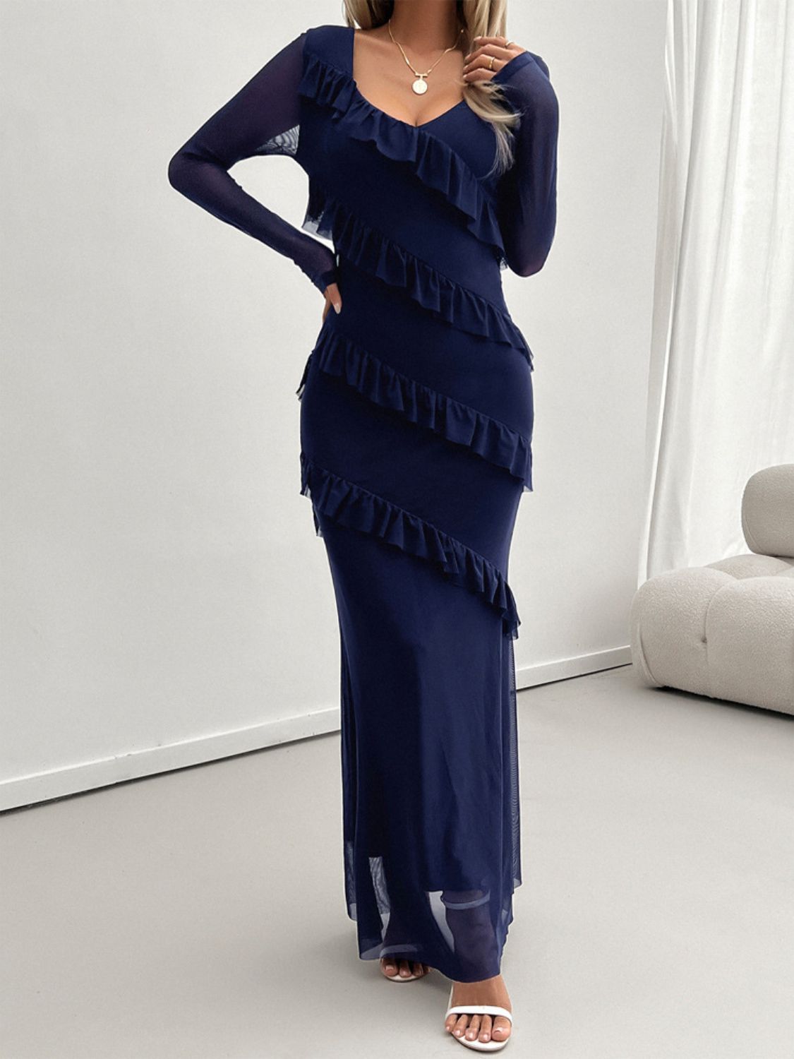 Ruffled Surplice Long Sleeve Maxi Dress for Women