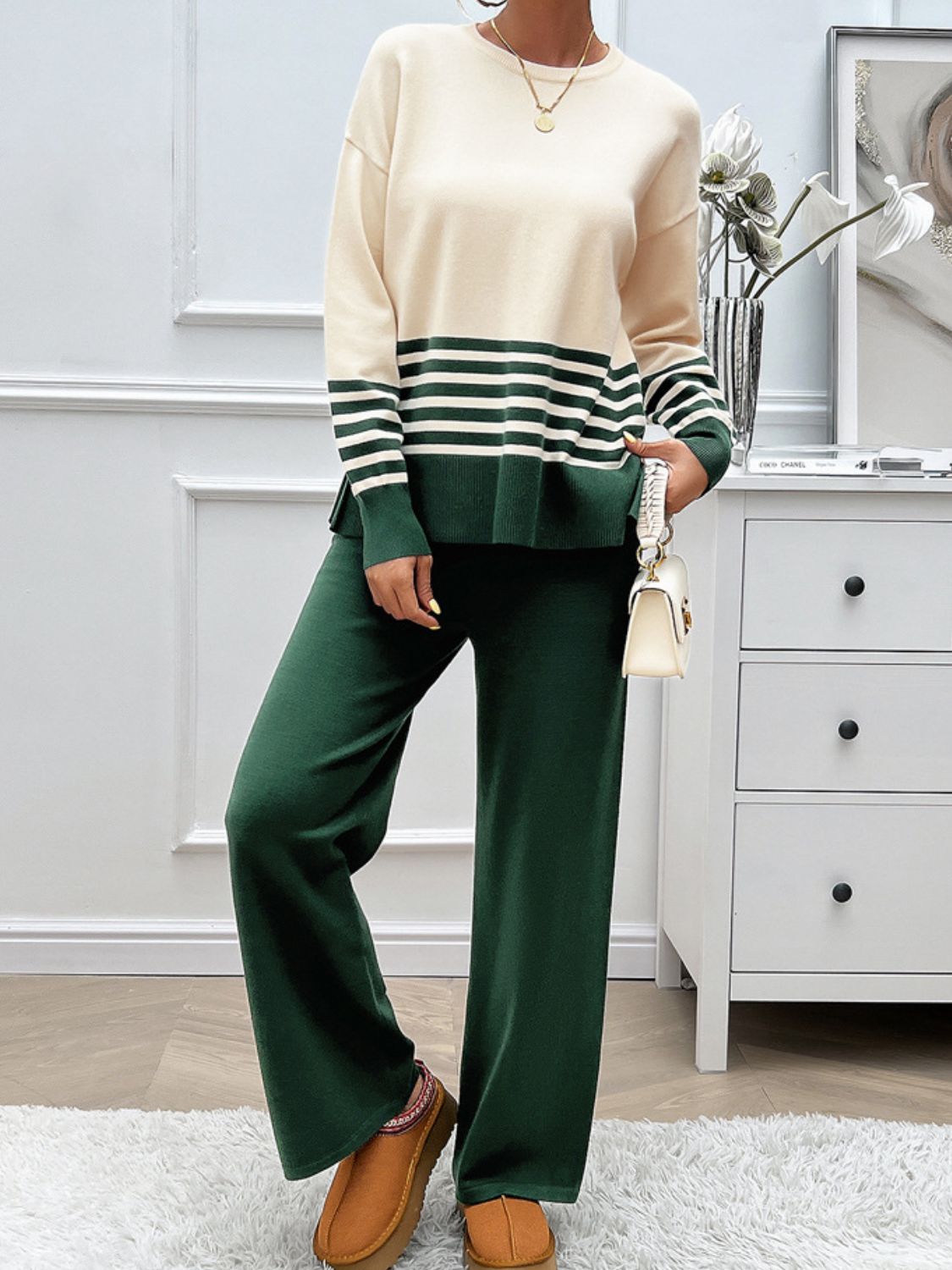 Women Dress Slit Striped Round Neck Top and Pants Sweater Set