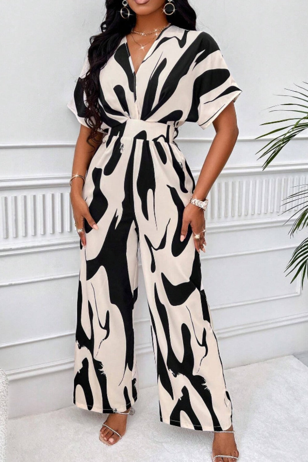 Women Printed V Neck Long Lantern Sleeves Lace Up Wide Leg Jumpsuit