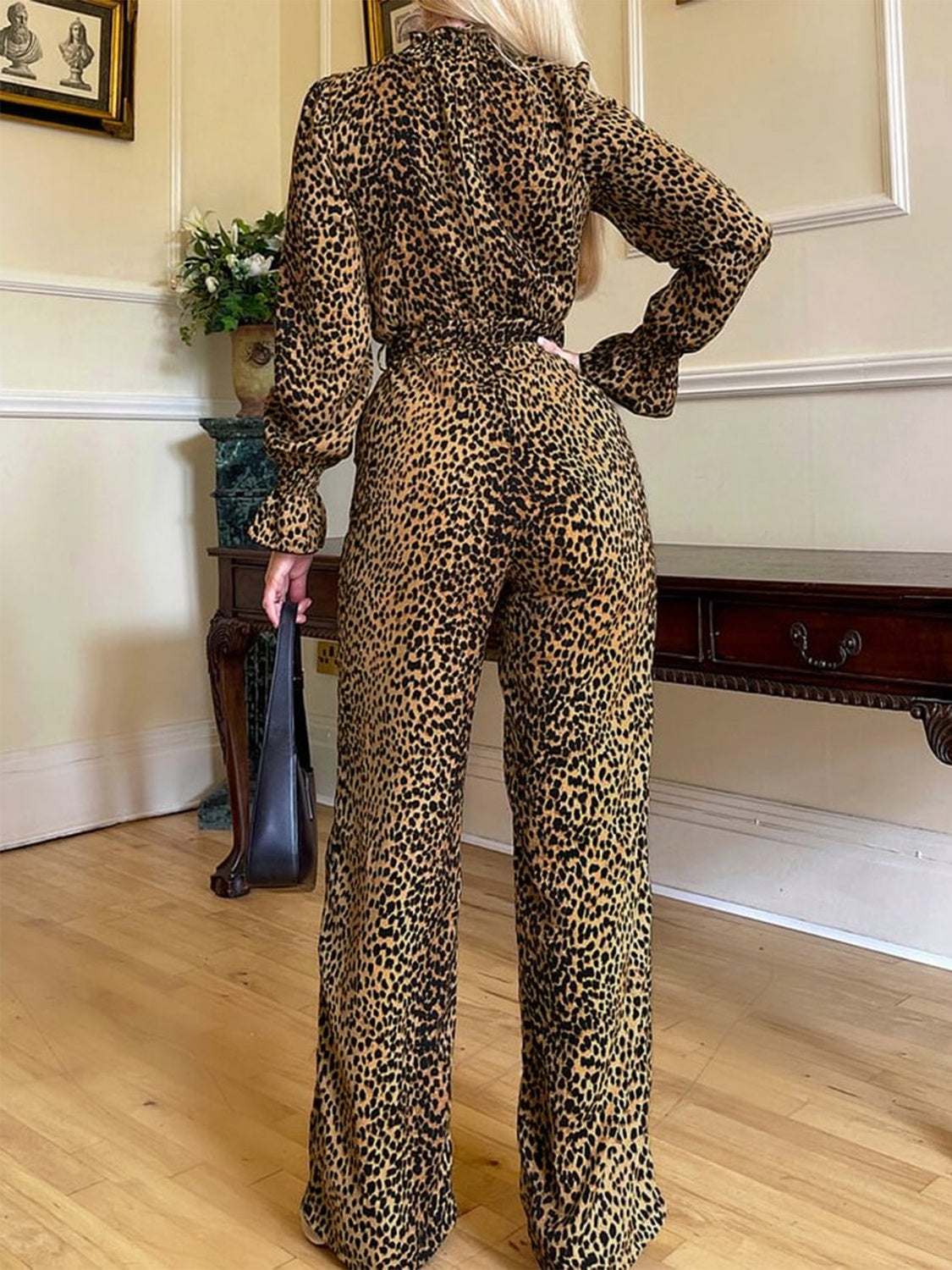 Camouflage Women Leopard Flounce Sleeve Wide Leg Jumpsuit Dress