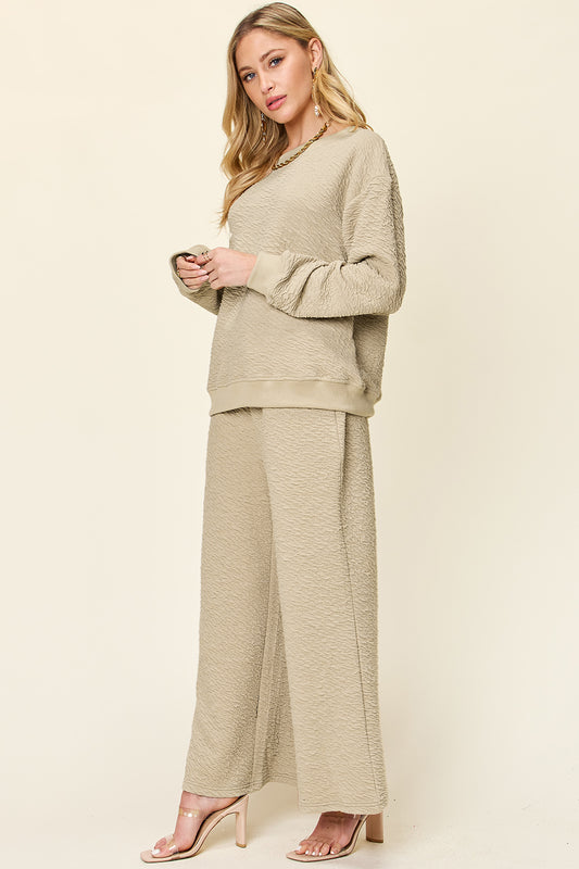 Two-piece Texture Long Sleeve Top and Pants Set dress for woman