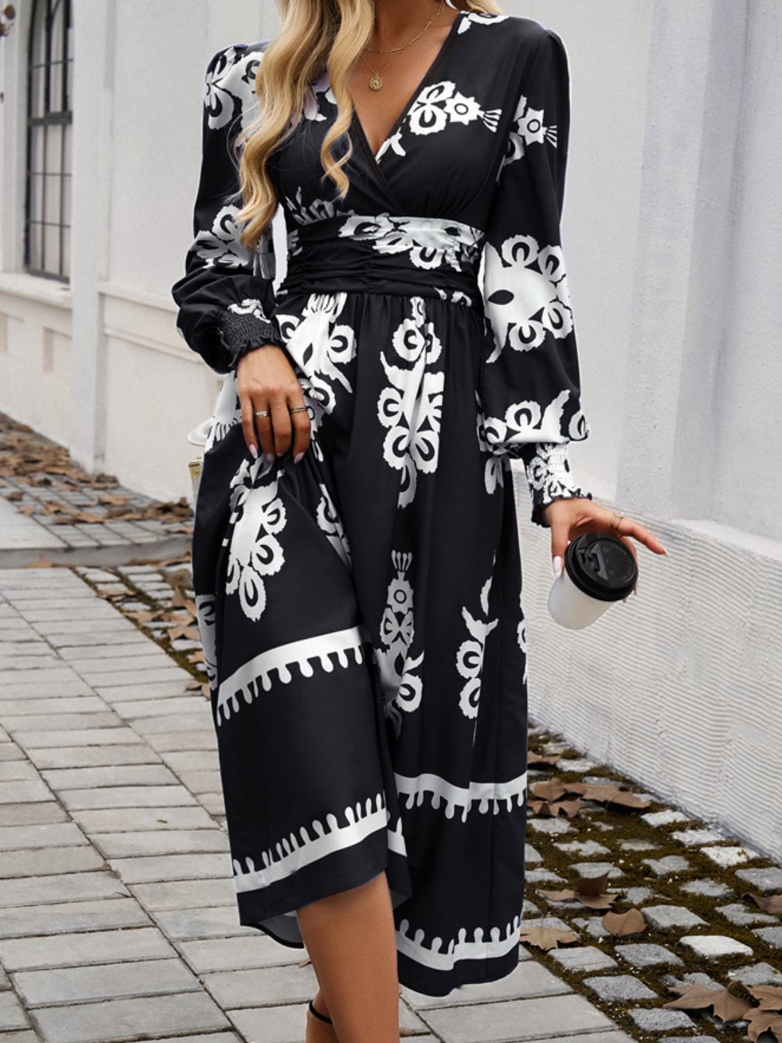 Printed Surplice Lantern Sleeve Midi Dress For Women