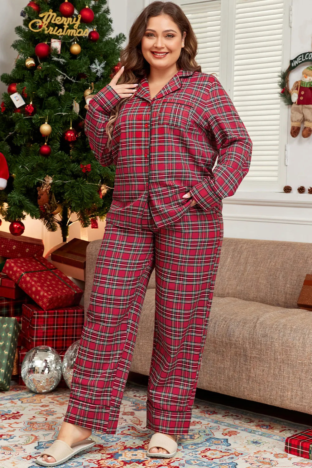 Ladies Pajamas Plus Size Plaid Collared Neck Top and Pants Lounge Set