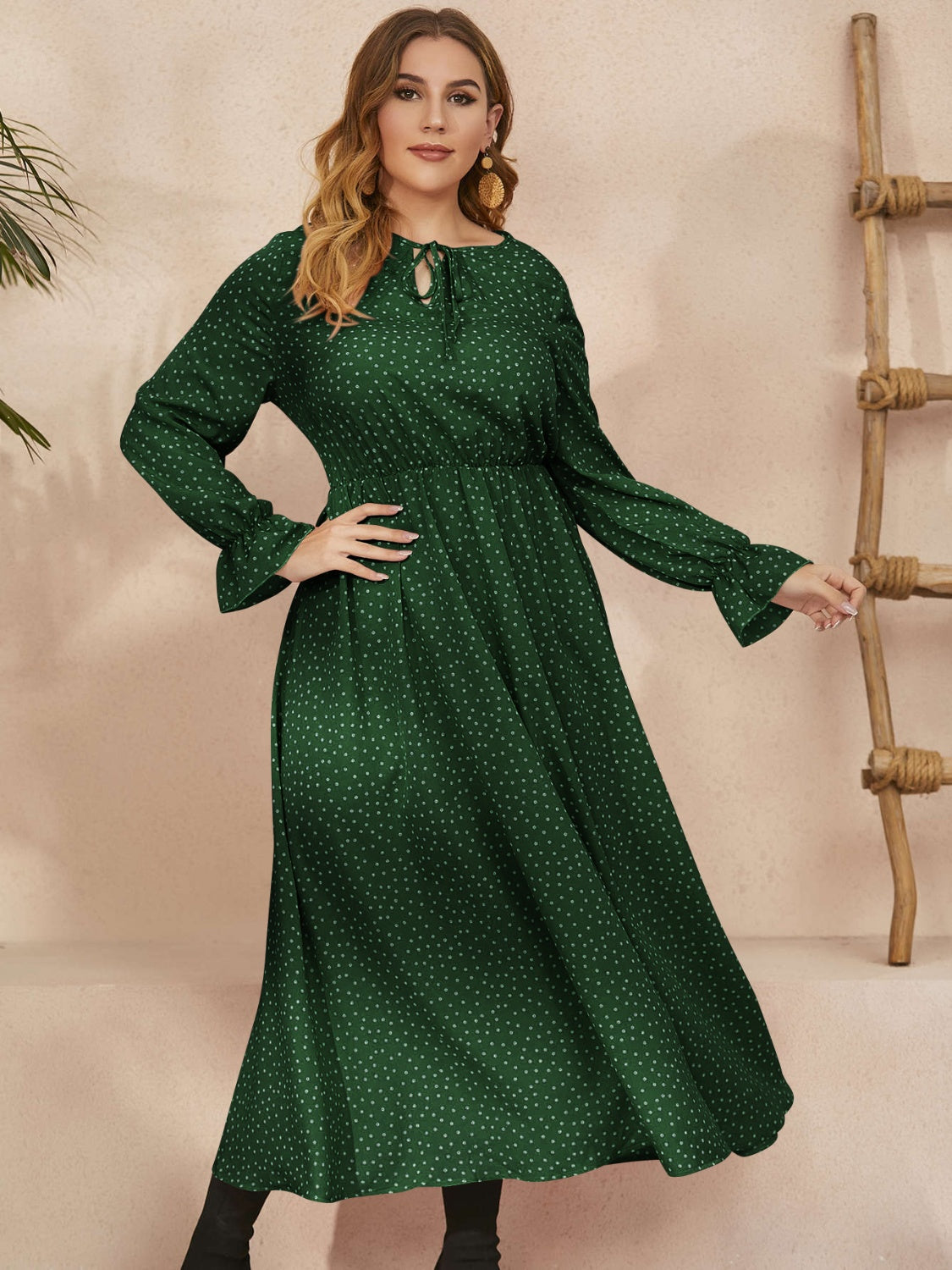 Women Plus Size Ruffled Polka Dot Long Sleeve Midi Dress