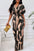 Women Printed V Neck Long Lantern Sleeves Lace Up Wide Leg Jumpsuit