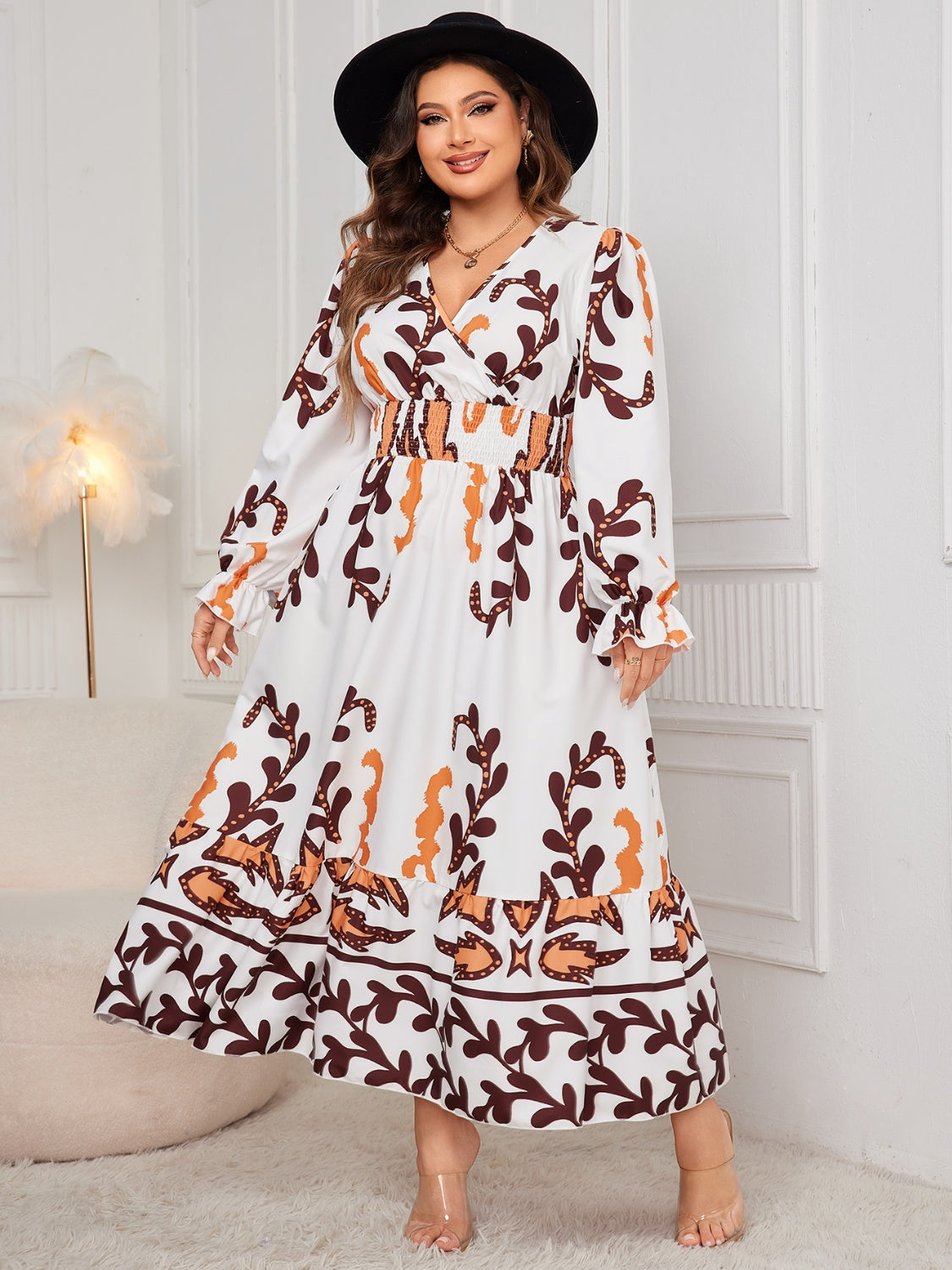 Women Fashion Plus Size Printed Surplice Flounce Sleeve Dress