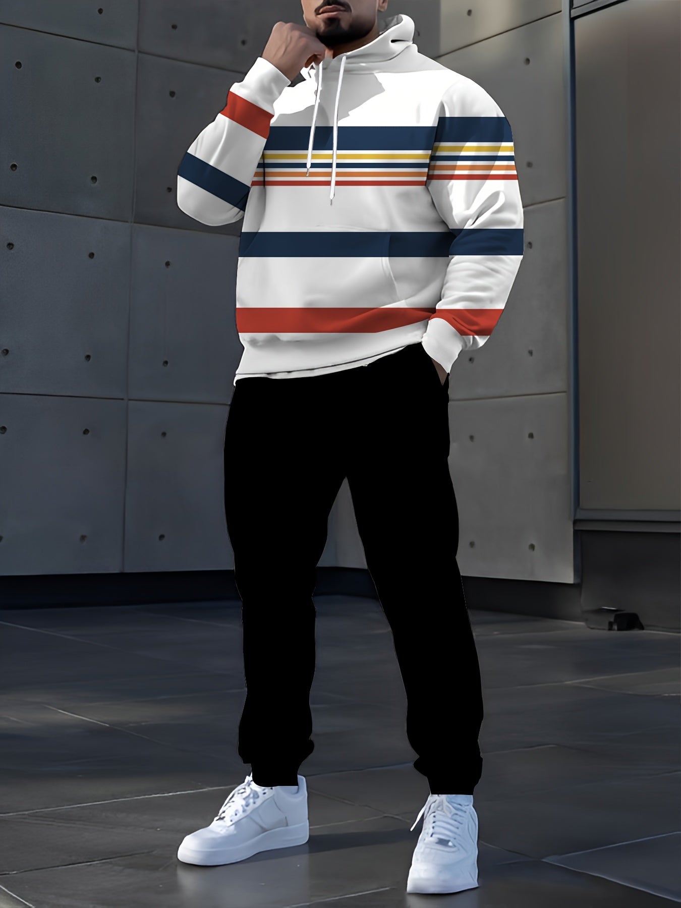 Men's Casual Striped Hoodie and Sweatpants Set, Knit Dress Pullover