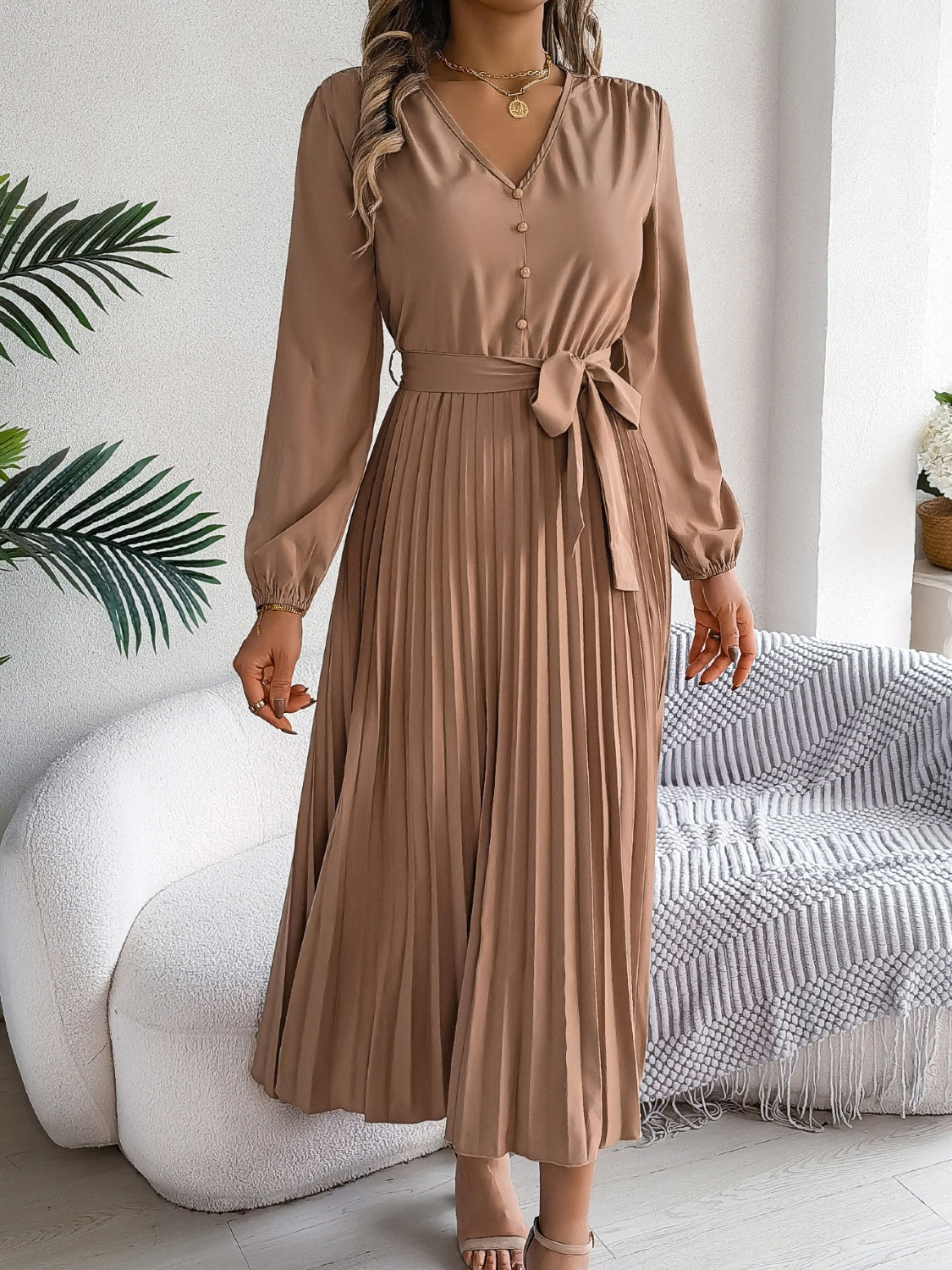 Women Pleated Tied V-Neck Long Sleeve Dress