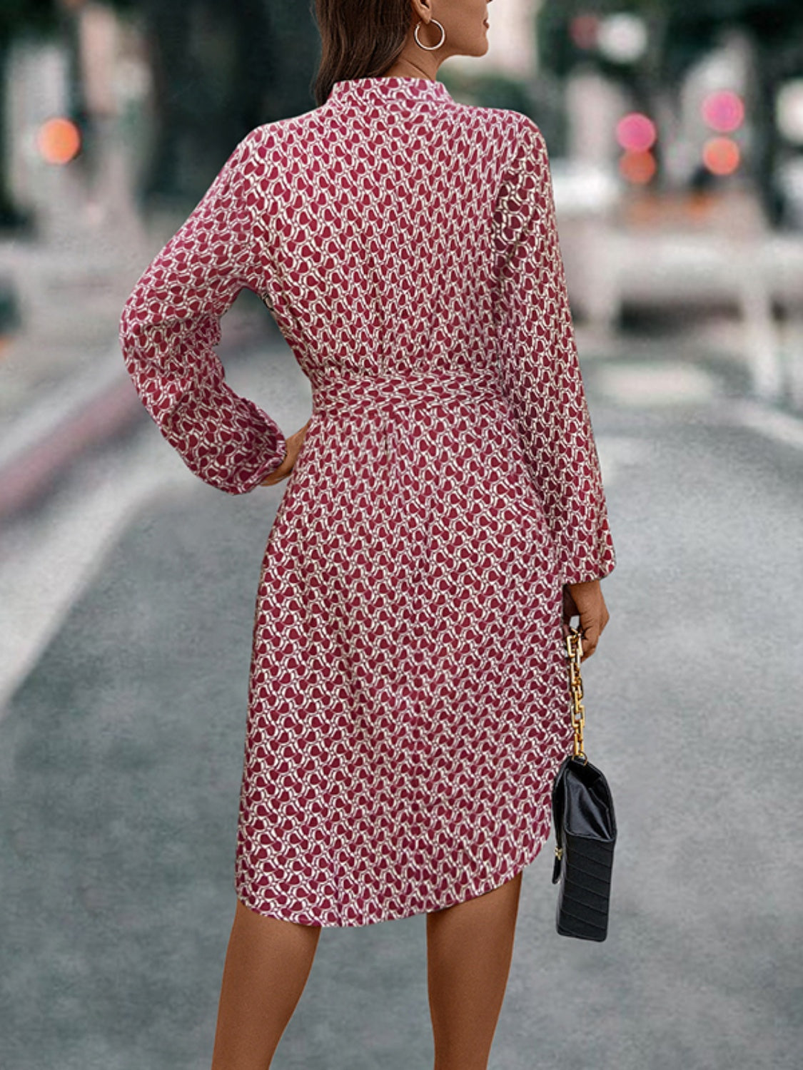 Tied Printed Collared Neck Notched Balloon Sleeve Midi Dress