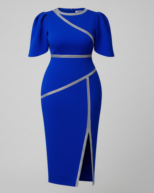 Blue dress with gray accents on a gray background