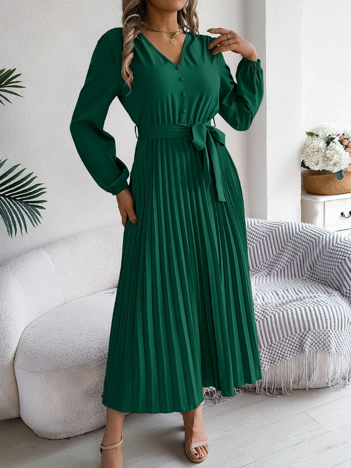 Women Pleated Tied V-Neck Long Sleeve Dress