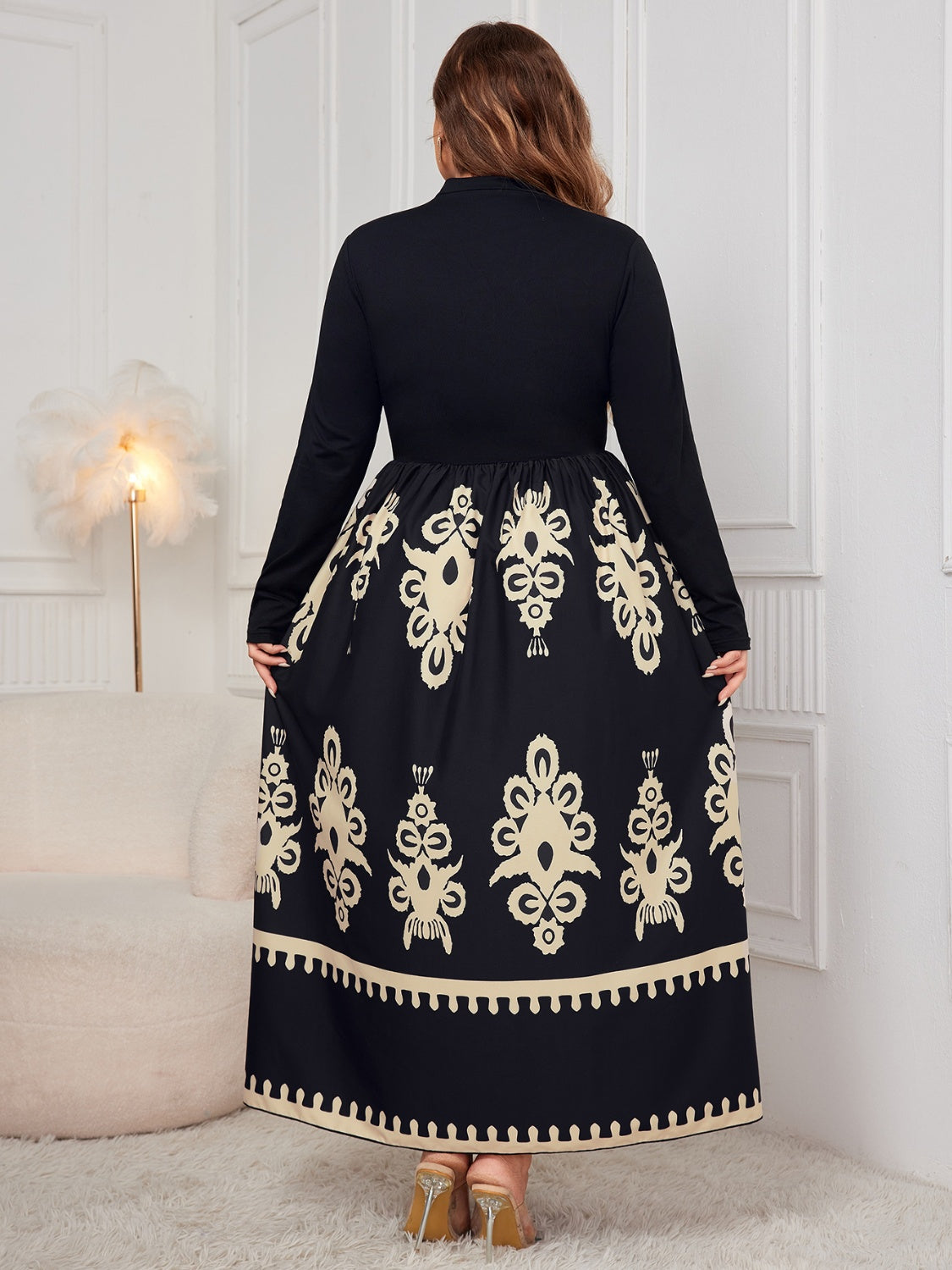 Plus Size Floral Embroidered Printed Mock Neck Long Sleeve Dress