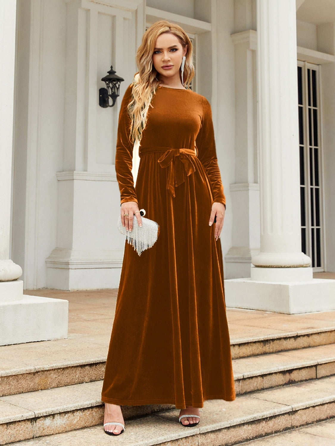 Cocktail Clothes Denim Tie Front Round Neck Long Sleeve Maxi Dress