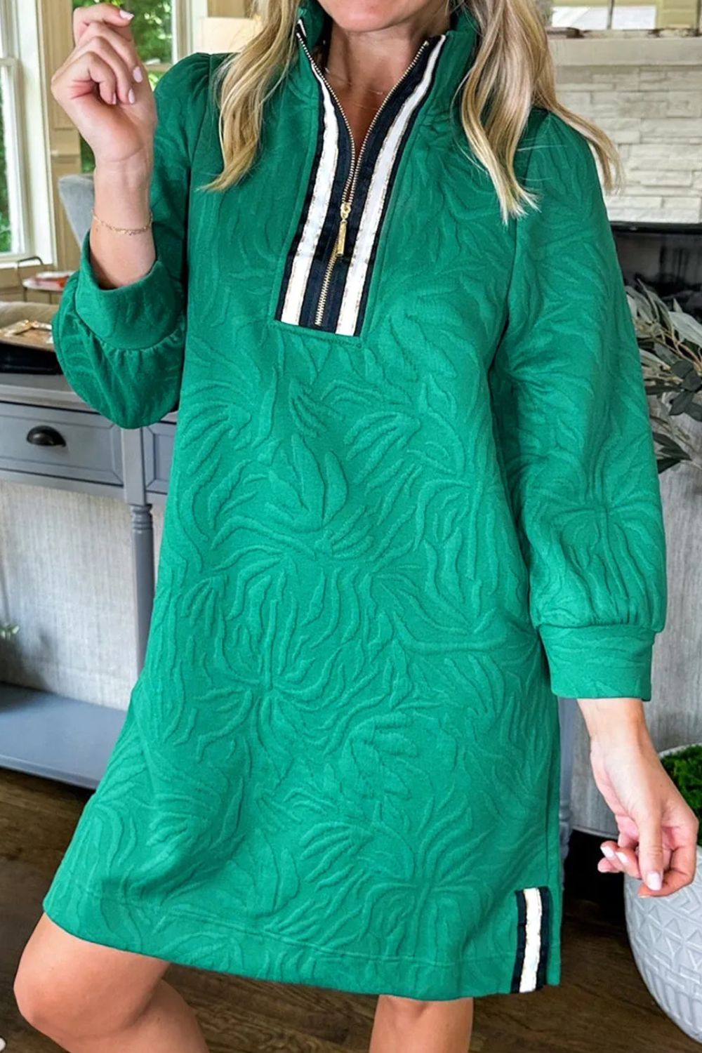 Elegant Texture Quarter Zip Long Sleeve Side Pockets Mini Dress