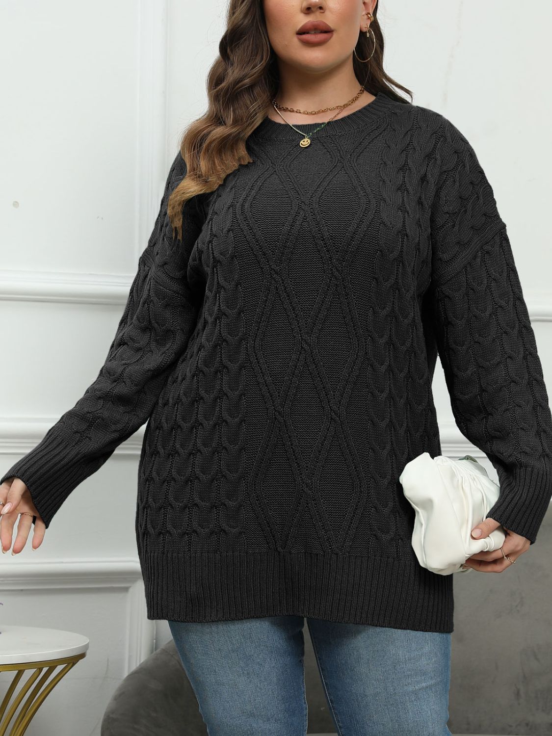 Chic Pullover Plus Size Round Neck Long Sleeve Knit Sweater