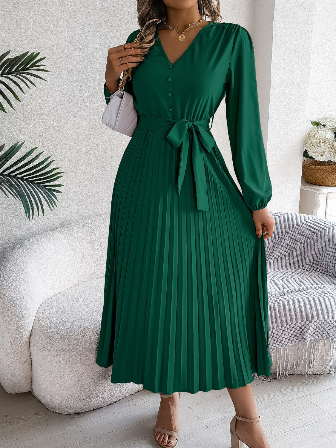 Women Pleated Tied V-Neck Long Sleeve Dress