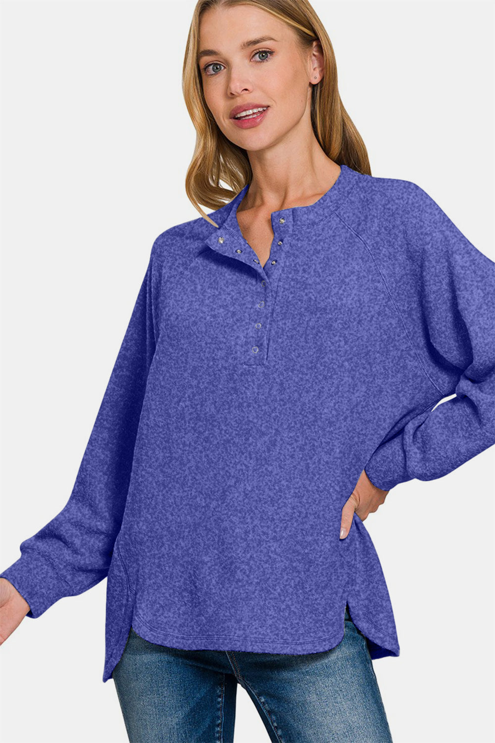Full Size Brushed Hacci neck Gauze Top High-Low Sweater