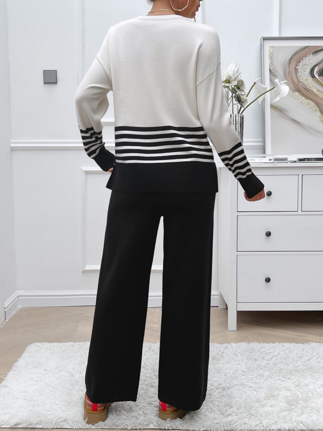 Women Dress Slit Striped Round Neck Top and Pants Sweater Set