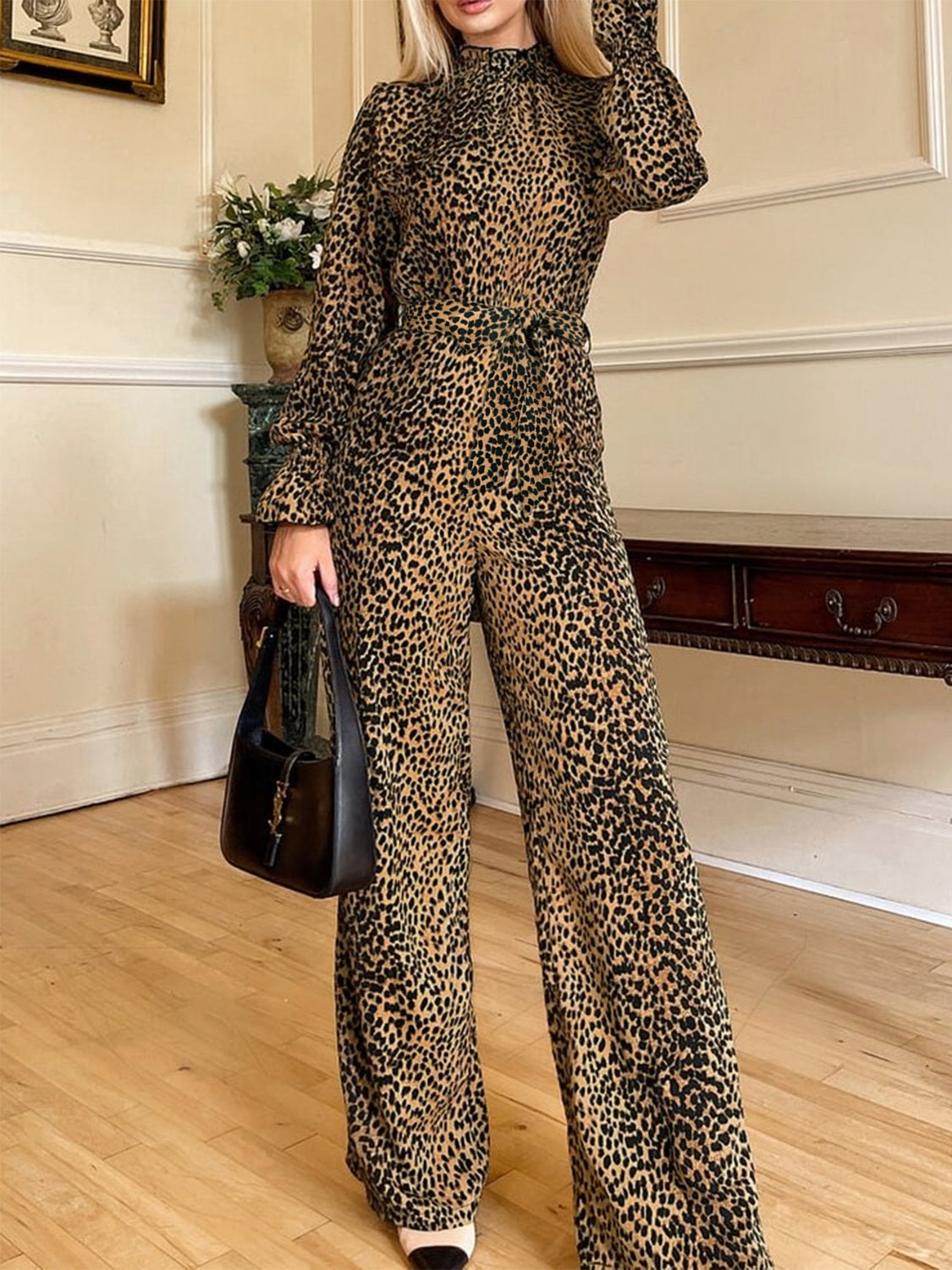 Camouflage Women Leopard Flounce Sleeve Wide Leg Jumpsuit Dress