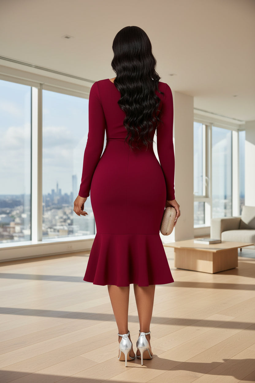 Woman in a red dress standing in front of a wall