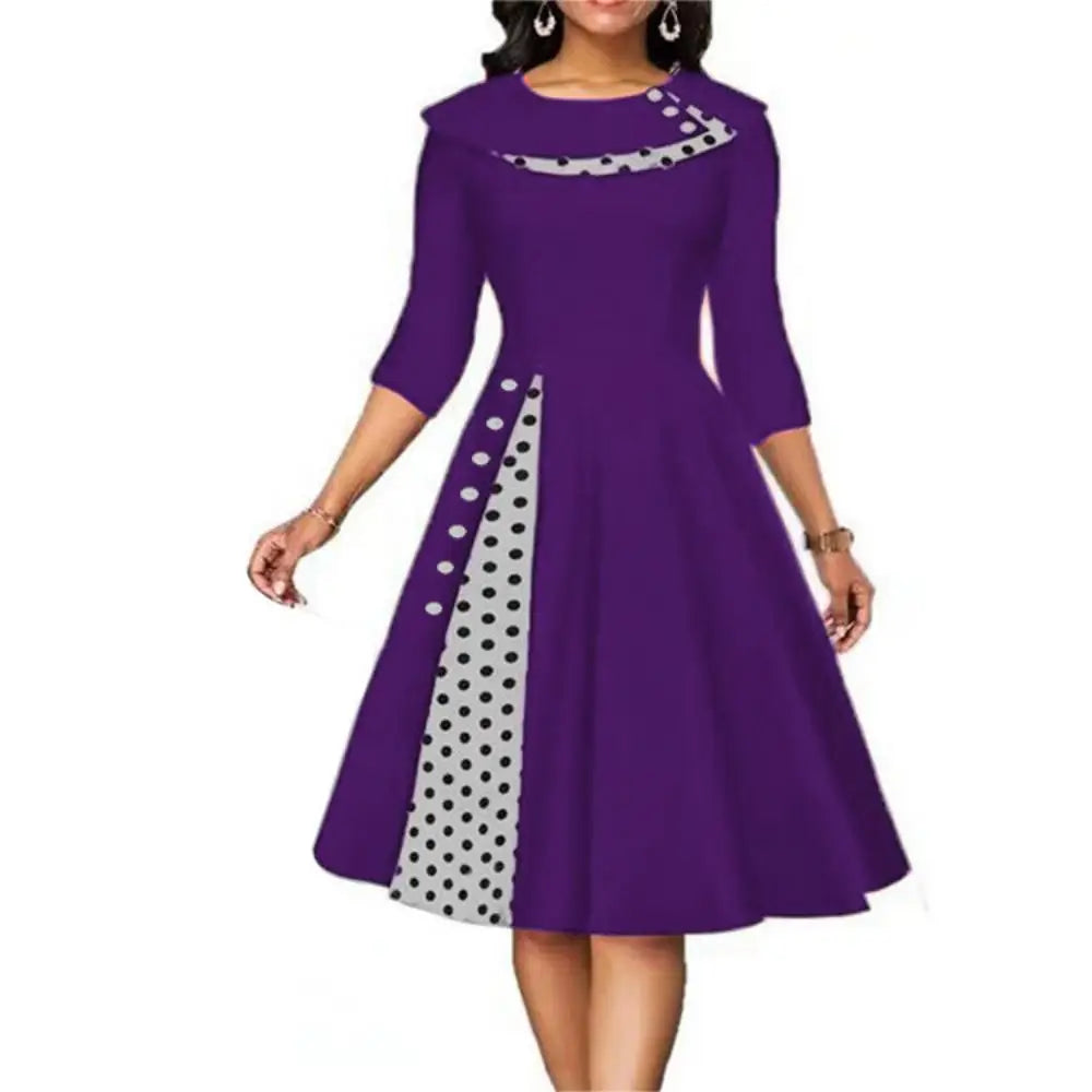 Deep purple vintage women's swing dress featuring gray polka dot patchwork side panel