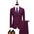 A men's two-piece suit set in deep burgundy, featuring a blazer and matching trousers. The blazer is displayed on a white mannequin torso styled with a white dress shirt, a purple tie, and a matching purple pocket square.