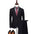 A men's two-piece suit set with a dark navy blazer and matching trousers hanging on a stand. The blazer is styled with a checkered shirt and a red polka-dot tie, and brown dress shoes are shown below.