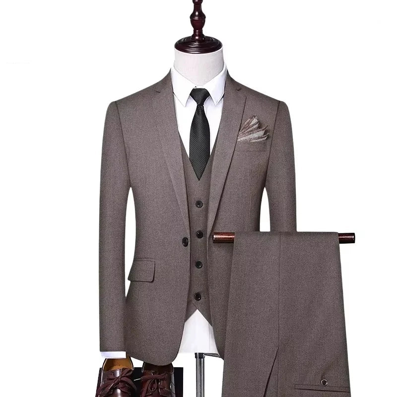 The matching vest and pants are shown hanging on a rack, and brown dress shoes are shown at the bottom.