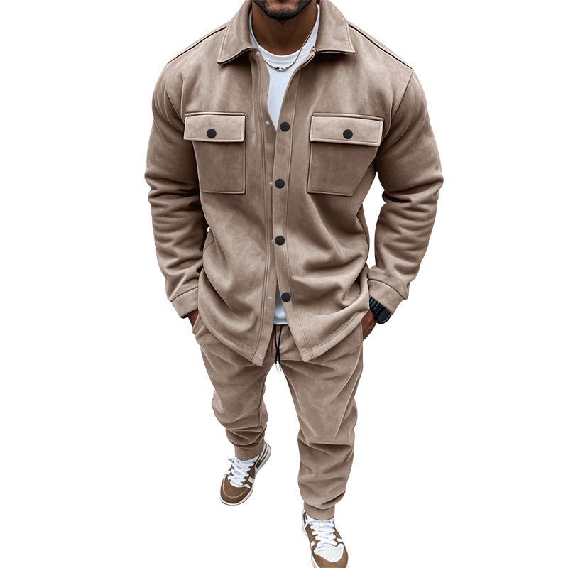 Beige jacket and pants set on a white background