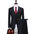 Black suit with red tie and pocket square on a mannequin against a white background