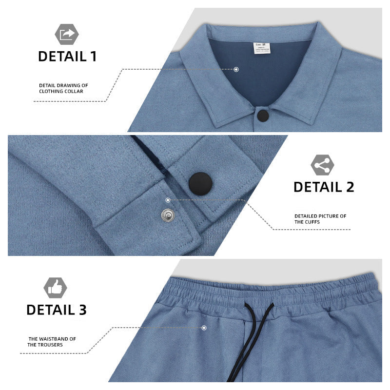Blue clothing with detailed views of collar, cuffs, and waistband on a white background.