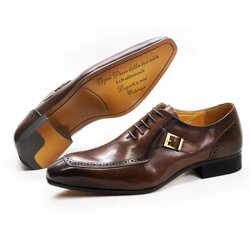 Brown dress shoes with a gold buckle on a white background